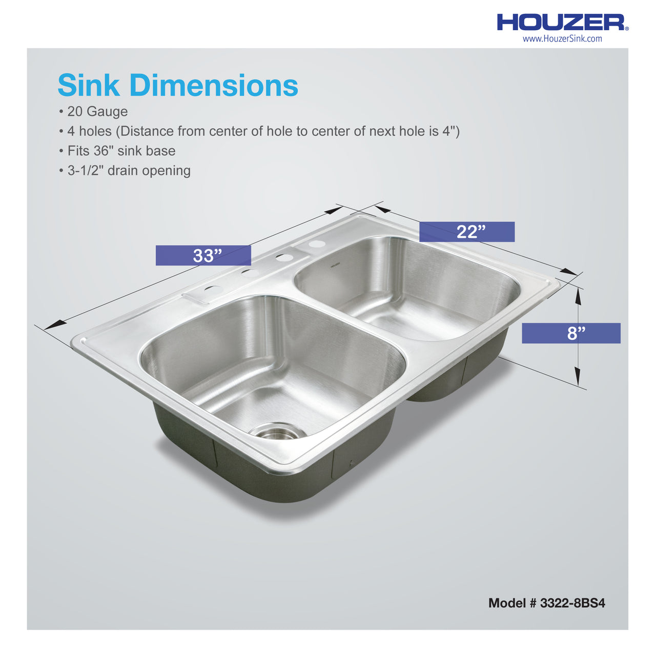 Houzer Glowtone 33" Stainless Steel Drop-in Topmount 50/50 Double Bowl Deep Kitchen Sink