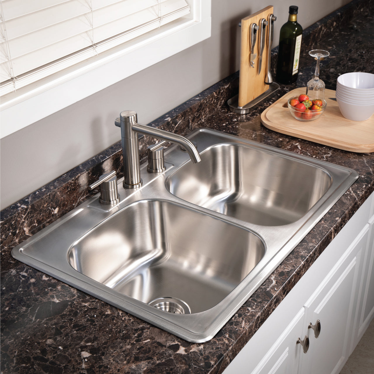 Houzer Glowtone 33" Stainless Steel Drop-in Topmount 50/50 Double Bowl Deep Kitchen Sink