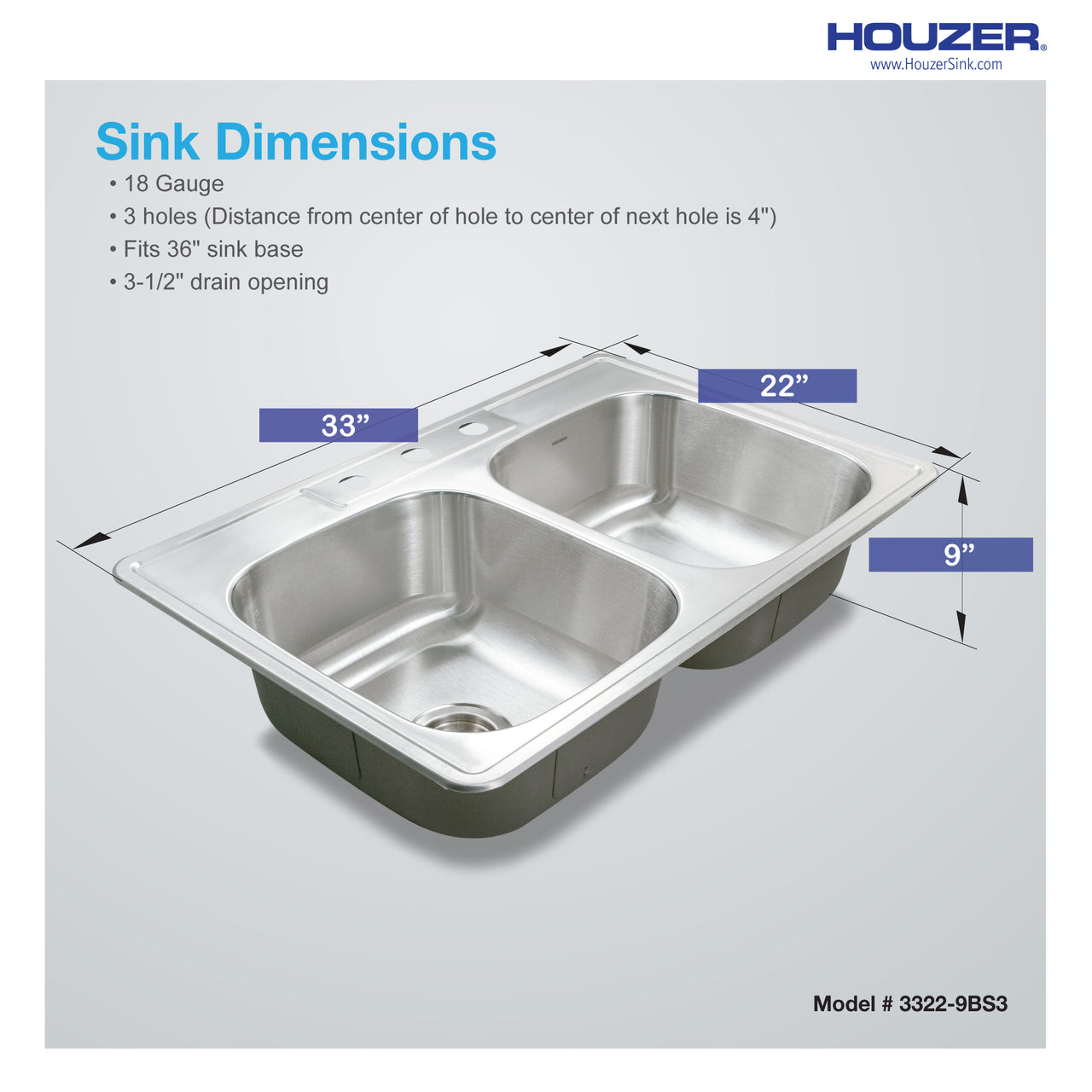 Houzer Glowtone 33" Stainless Steel Drop-in Topmount 50/50 Double Bowl Deep Kitchen Sink