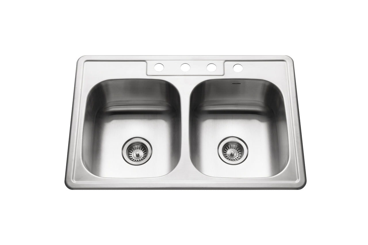 Houzer Glowtone 33" Stainless Steel Drop-in Topmount 50/50 Double Bowl Deep Kitchen Sink