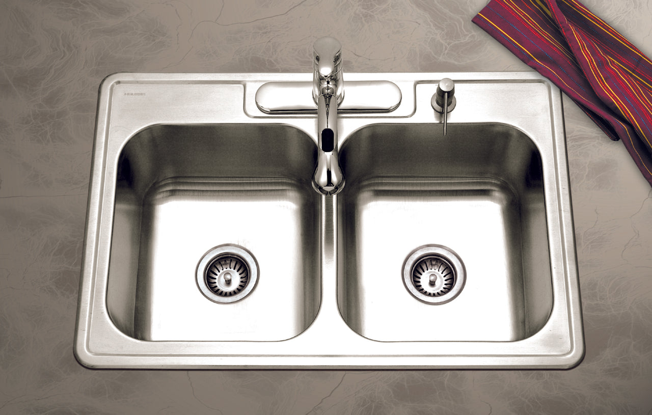 Houzer Glowtone 33" Stainless Steel Drop-in Topmount 50/50 Double Bowl Deep Kitchen Sink