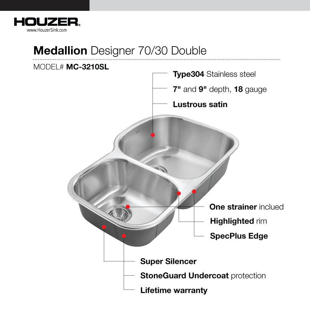 Houzer Medallion 32" Stainless Steel Undermount Double Small Bowl Kitchen Sink, Nested 20-Pack