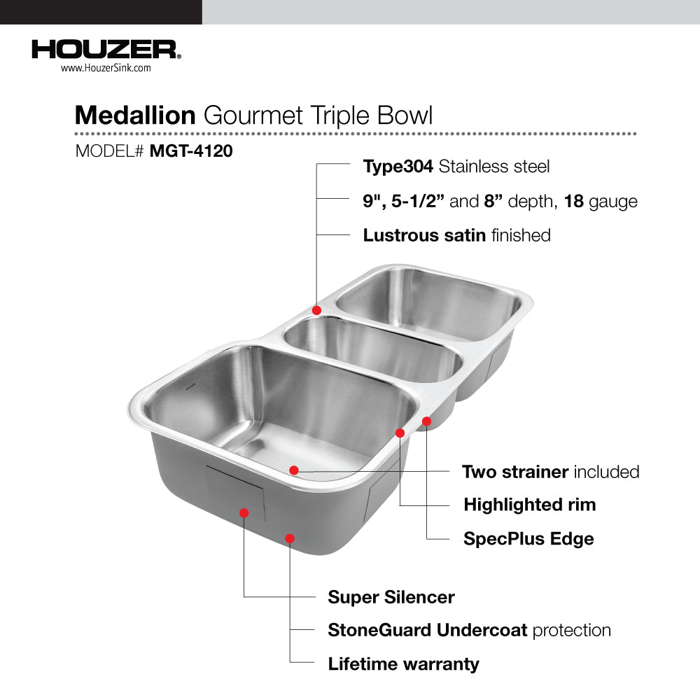 Houzer Medallion 40 inch Stainless Steel Undermount Triple Bowl Kitchen Sink, Nested 20-Pack
