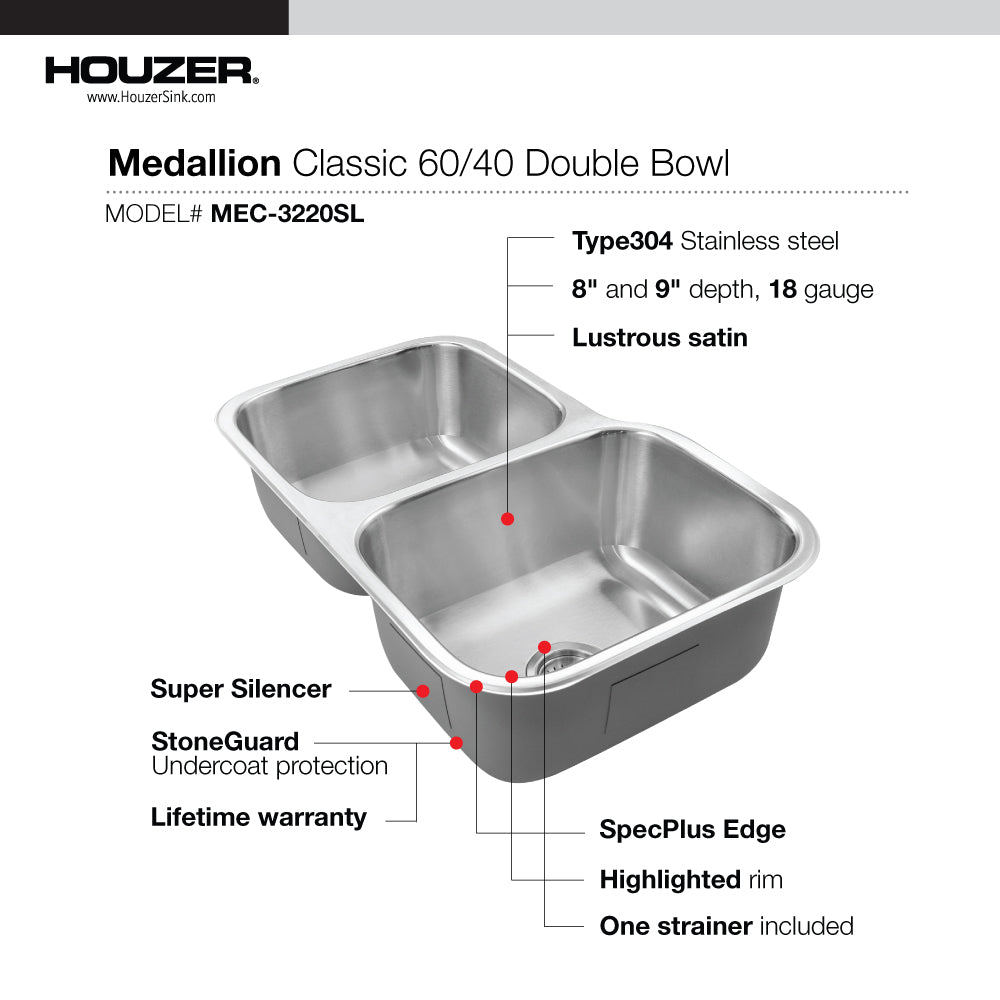 Houzer Medallion 32" Stainless Steel Undermount 60/40 Double Bowl Kitchen Sink with Small Bowl, Nested 20-Pack