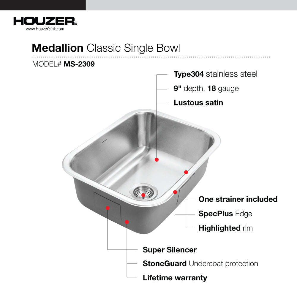 Houzer Medallion Classic 23 inch Stainless Steel Undermount Single Bowl Kitchen Sink with Strainer& Grid