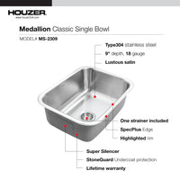 Thumbnail for Houzer Medallion Classic 23 inch Stainless Steel Undermount Single Bowl Kitchen Sink with Strainer& Grid