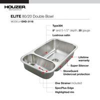 Thumbnail for Houzer Elite 31 inch Stainless Steel Undermount 80/20 Small Left Double Bowl Kitchen Sink, Nested 20-Pack