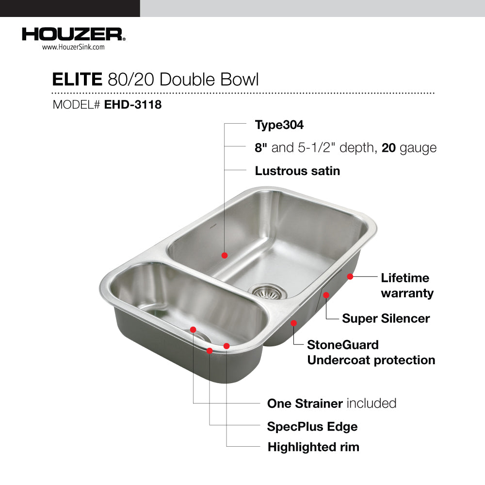 Houzer Elite 31 inch Stainless Steel Undermount 80/20 Small Left Double Bowl Kitchen Sink with Strainer & Grids