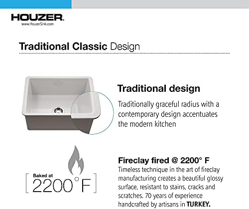 Houzer Platus White Fireclay Undermount Single Bowl Kitchen Sink