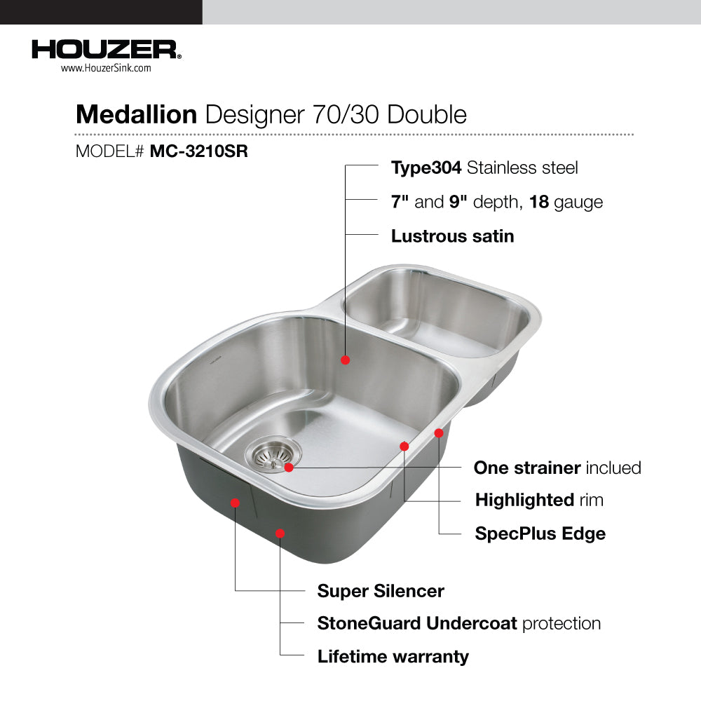Houzer Medallion 32" Stainless Steel Undermount Double Small Bowl Kitchen Sink, Nested 20-Pack