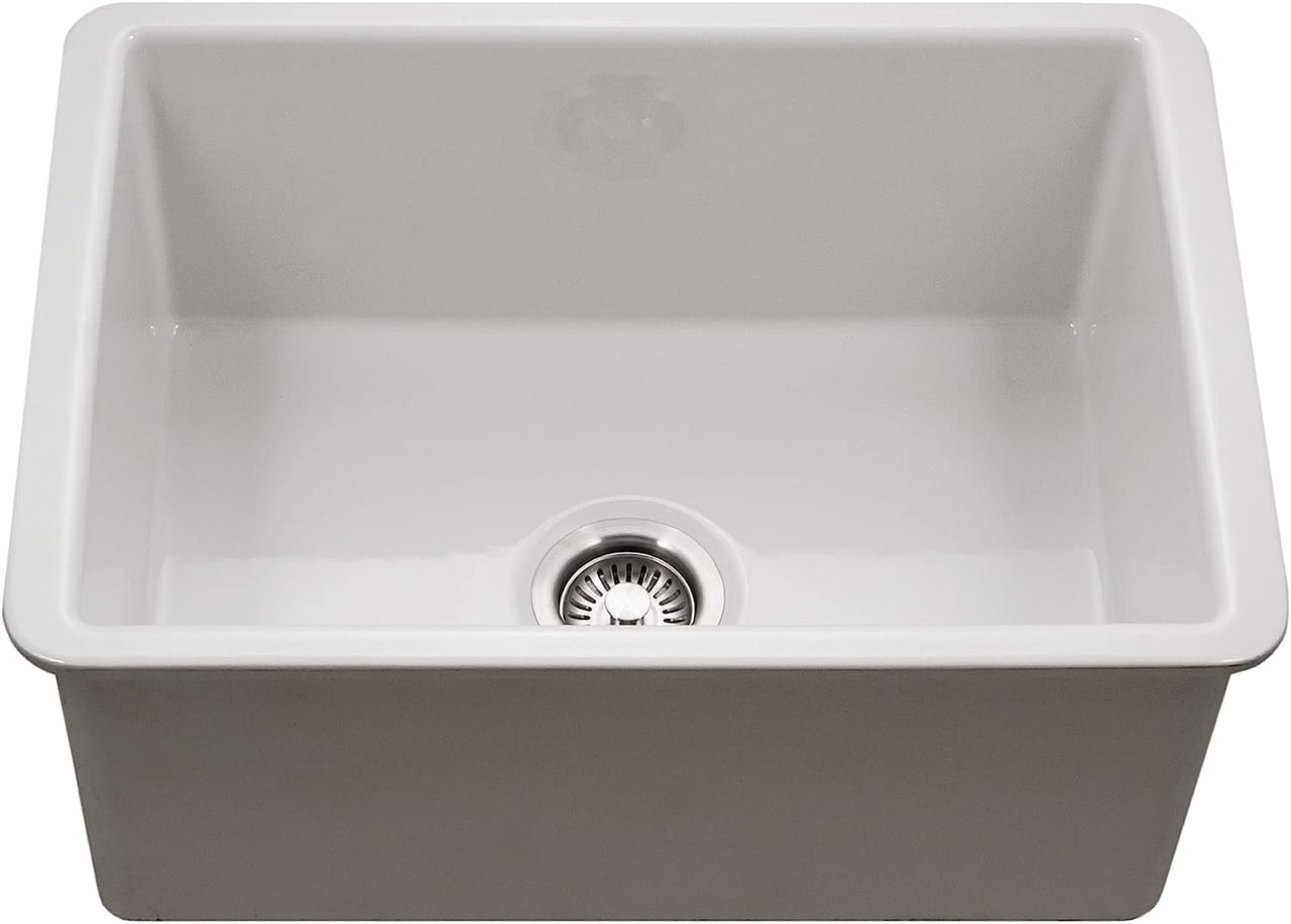 Houzer Platus White Fireclay Undermount Single Bowl Kitchen Sink with Basket Strainer and Basin Grid Included