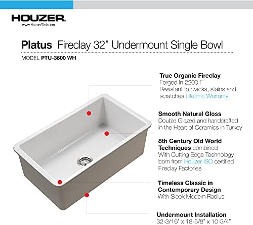 Houzer Platus White Fireclay Undermount Single Bowl Kitchen Sink