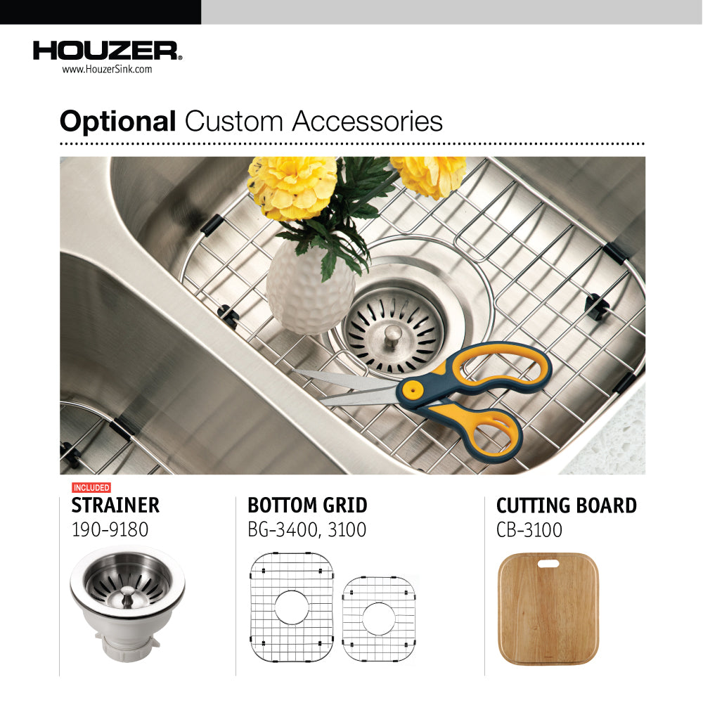 Houzer Medallion 32" Stainless Steel Undermount 60/40 Double Bowl Kitchen Sink with Small Bowl, Nested 20-Pack