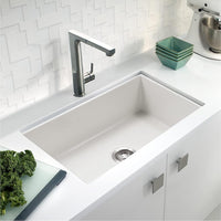 Thumbnail for Houzer Platus White Fireclay Undermount Single Bowl Kitchen Sink with Basket Strainer and Basin Grid Included