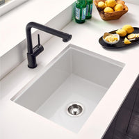 Thumbnail for Houzer Platus White Fireclay Undermount Single Bowl Kitchen Sink with Basket Strainer and Basin Grid Included