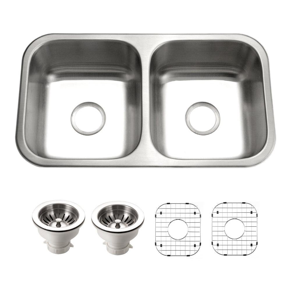 Houzer Elite 31 inch Stainless Steel Undermount 50/50 Double Bowl Kitchen Sink with Strainer & Grid