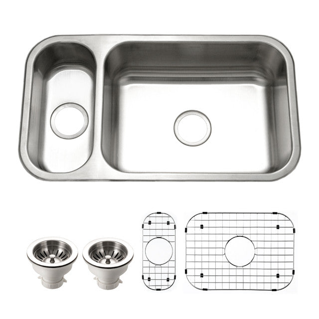 Houzer Elite 31 inch Stainless Steel Undermount 80/20 Small Left Double Bowl Kitchen Sink with Strainer & Grids