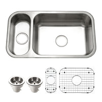 Thumbnail for Houzer Elite 31 inch Stainless Steel Undermount 80/20 Small Left Double Bowl Kitchen Sink with Strainer & Grids