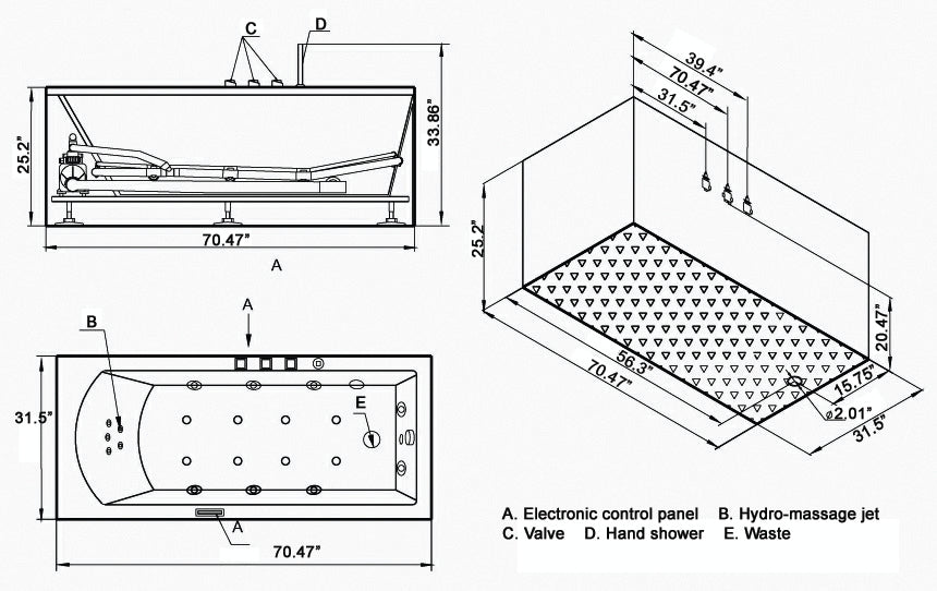 Ariel Platinum AM154-70 Whirlpool Bathtub