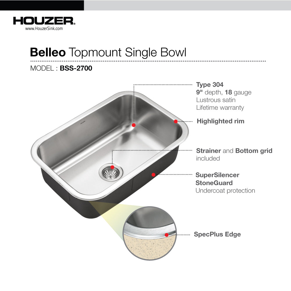 Houzer Belleo 27 inch Stainless Steel Drop-in Topmount Single Bowl Kitchen Sink with Strainer & Grid