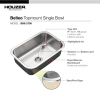 Thumbnail for Houzer Belleo 27 inch Stainless Steel Drop-in Topmount Single Bowl Kitchen Sink with Strainer & Grid