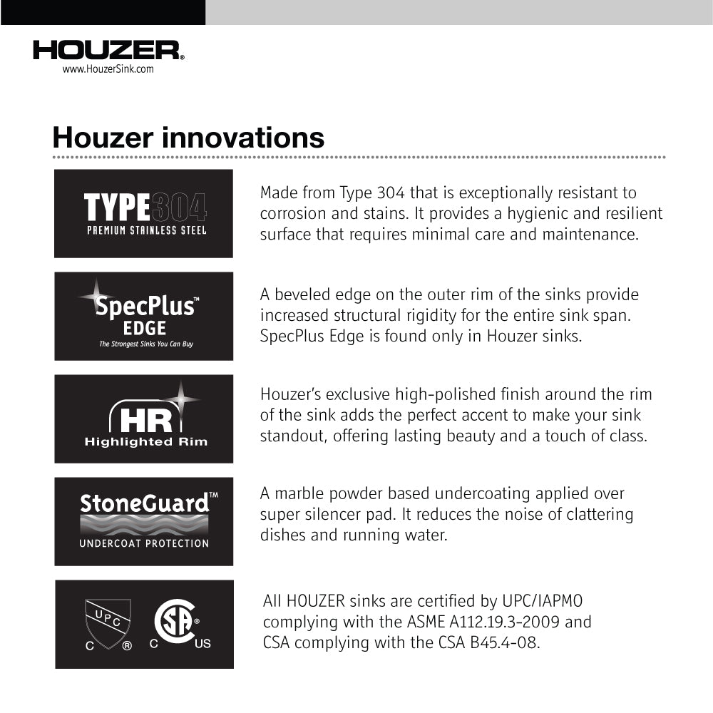 Houzer Belleo 27 inch Stainless Steel Drop-in Topmount Single Bowl Kitchen Sink with Strainer & Grid