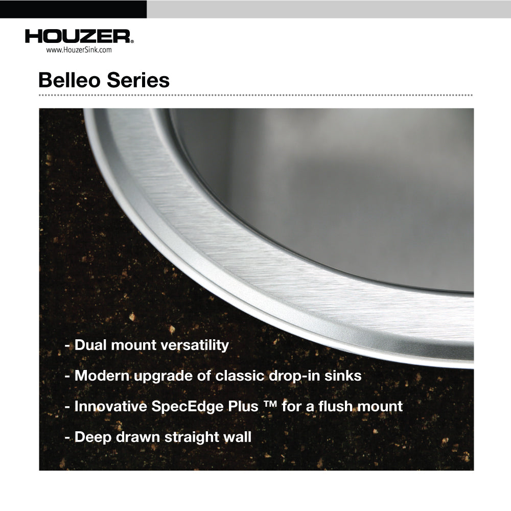 Houzer Belleo 27 inch Stainless Steel Drop-in Topmount Single Bowl Kitchen Sink with Strainer & Grid