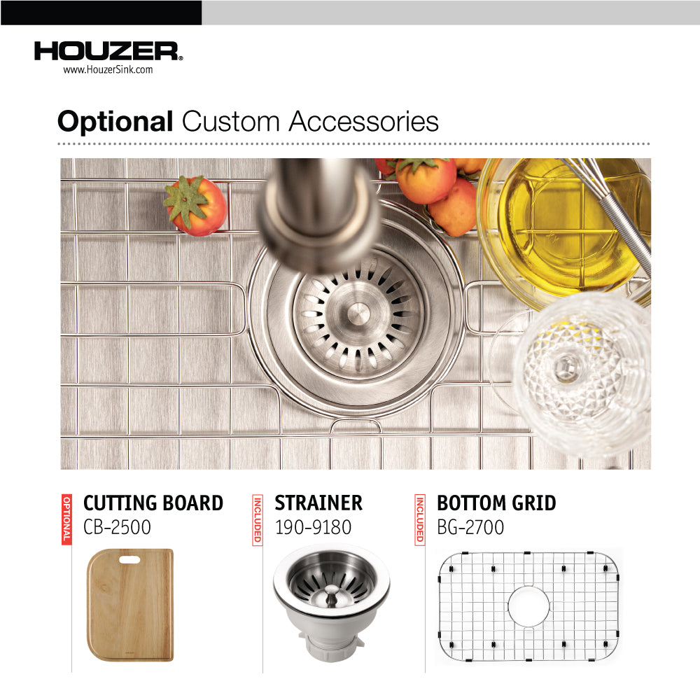 Houzer Belleo 27 inch Stainless Steel Drop-in Topmount Single Bowl Kitchen Sink with Strainer & Grid