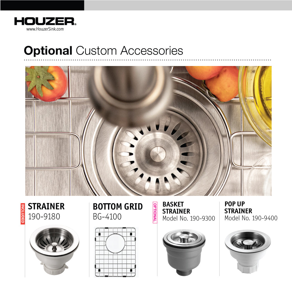 Houzer Savoir Stainless Steel Undermount Bowl Bar/Prep Kitchen Sink with Strainer &amp; Grid