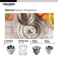 Thumbnail for Houzer Savoir Stainless Steel Undermount Bowl Bar/Prep Kitchen Sink with Strainer & Grid