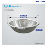 Thumbnail for Houzer Opus 16 inch Stainless Steel Undermount Round Bathroom Sink without Overflow