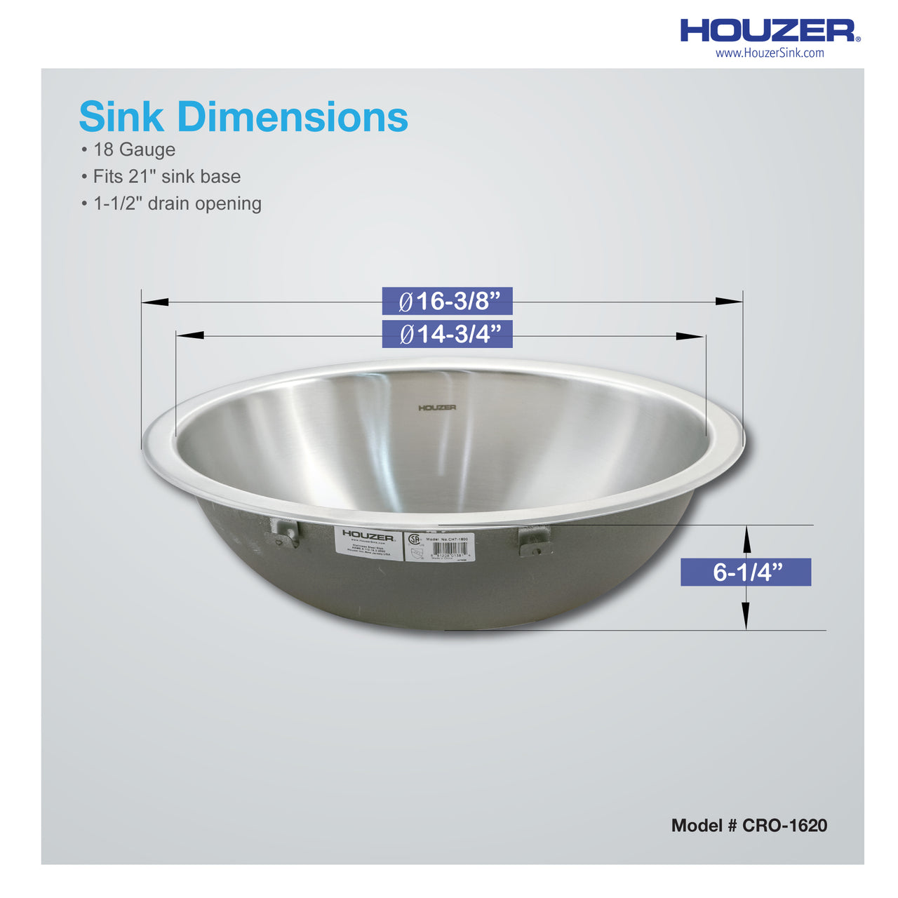 Houzer Opus 16 inch Stainless Steel Undermount Round Bathroom Sink with Overflow Drain Assembly