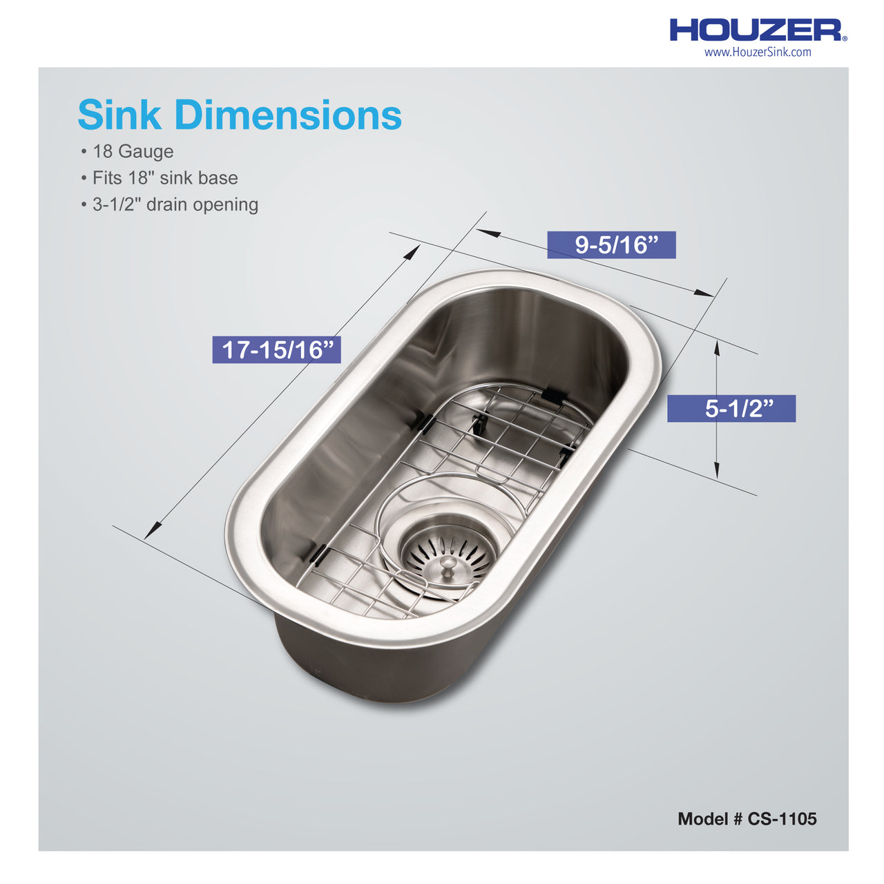 Houzer Club 10 inch Stainless Steel Undermount Compact Bar and Prep Sink with Strainer & Bottom Grid