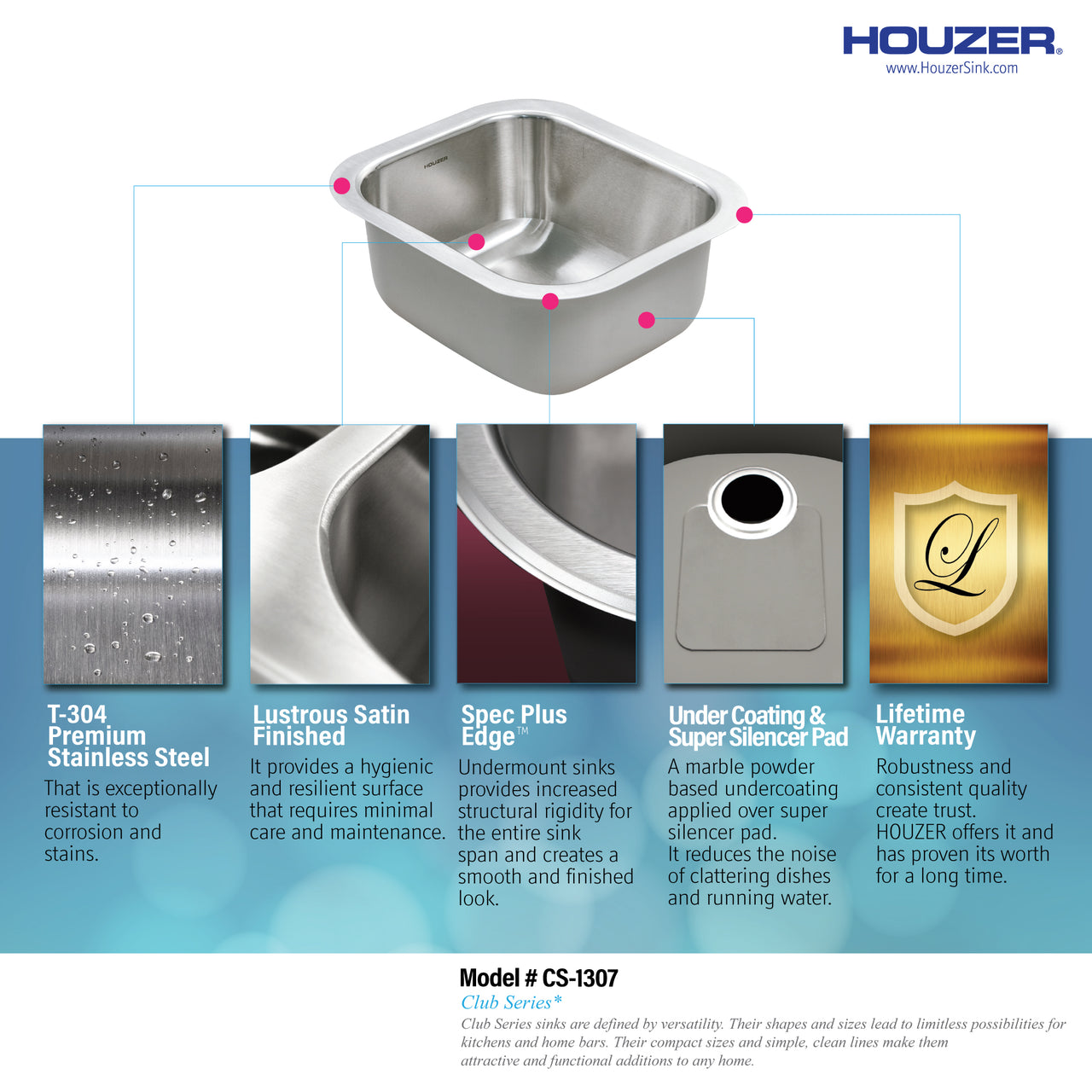 Houzer Club 13 inch Stainless Steel Undermount Small Bar and Prep Sink with Strainer & Bottom Grid