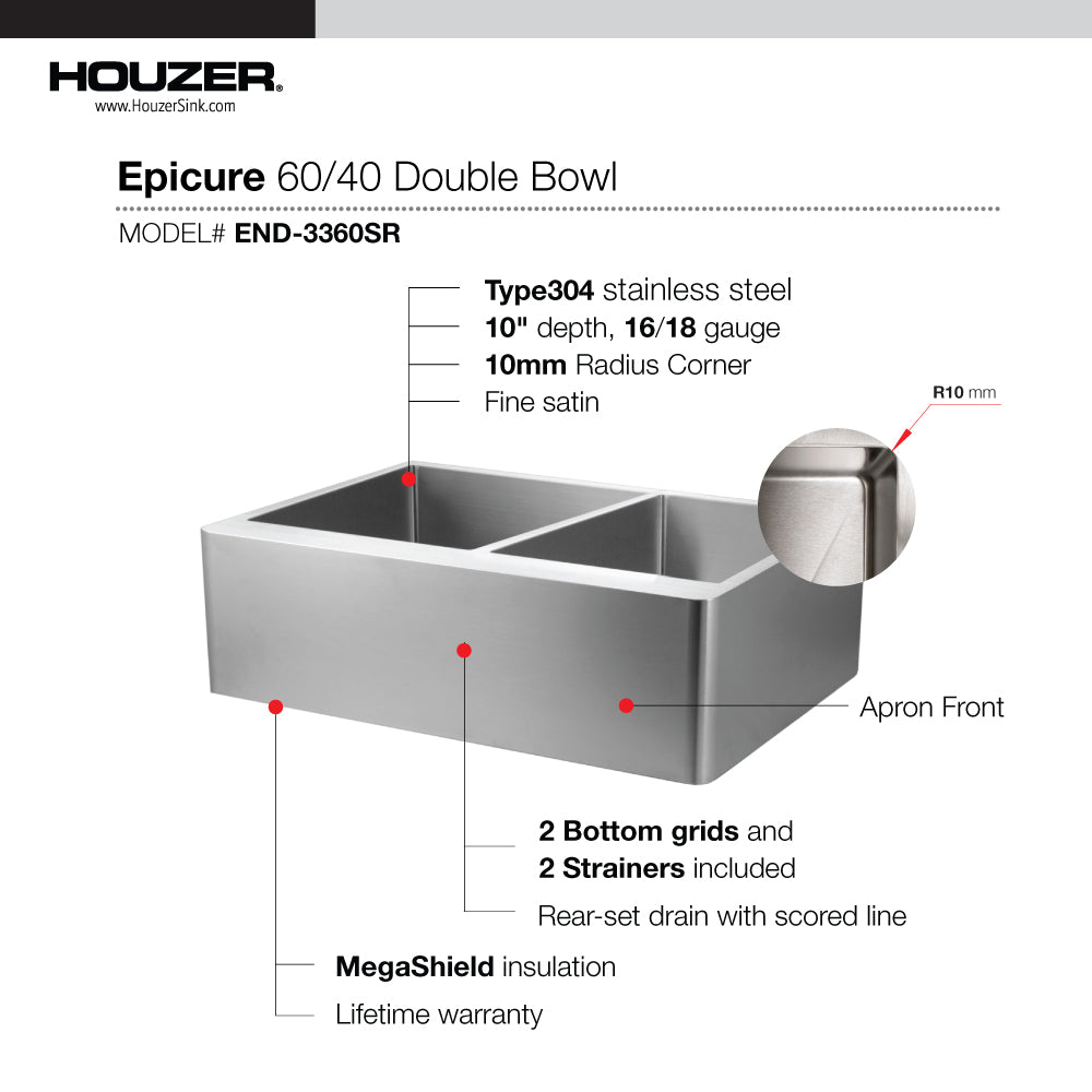 Houzer Epicure 33 inch Apron Front 60/40 Double Bowl Kitchen Sink, Small Right Bowl with Strainer & Grids