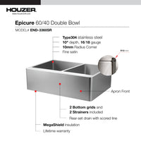 Thumbnail for Houzer Epicure 33 inch Apron Front 60/40 Double Bowl Kitchen Sink, Small Right Bowl with Strainer & Grids