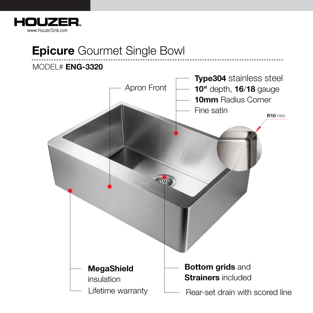 Houzer Epicure 33 inch Stainless Steel Apron Front Single Bowl Kitchen Sink with Strainer & Grid