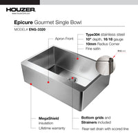 Thumbnail for Houzer Epicure 33 inch Stainless Steel Apron Front Single Bowl Kitchen Sink with Strainer & Grid