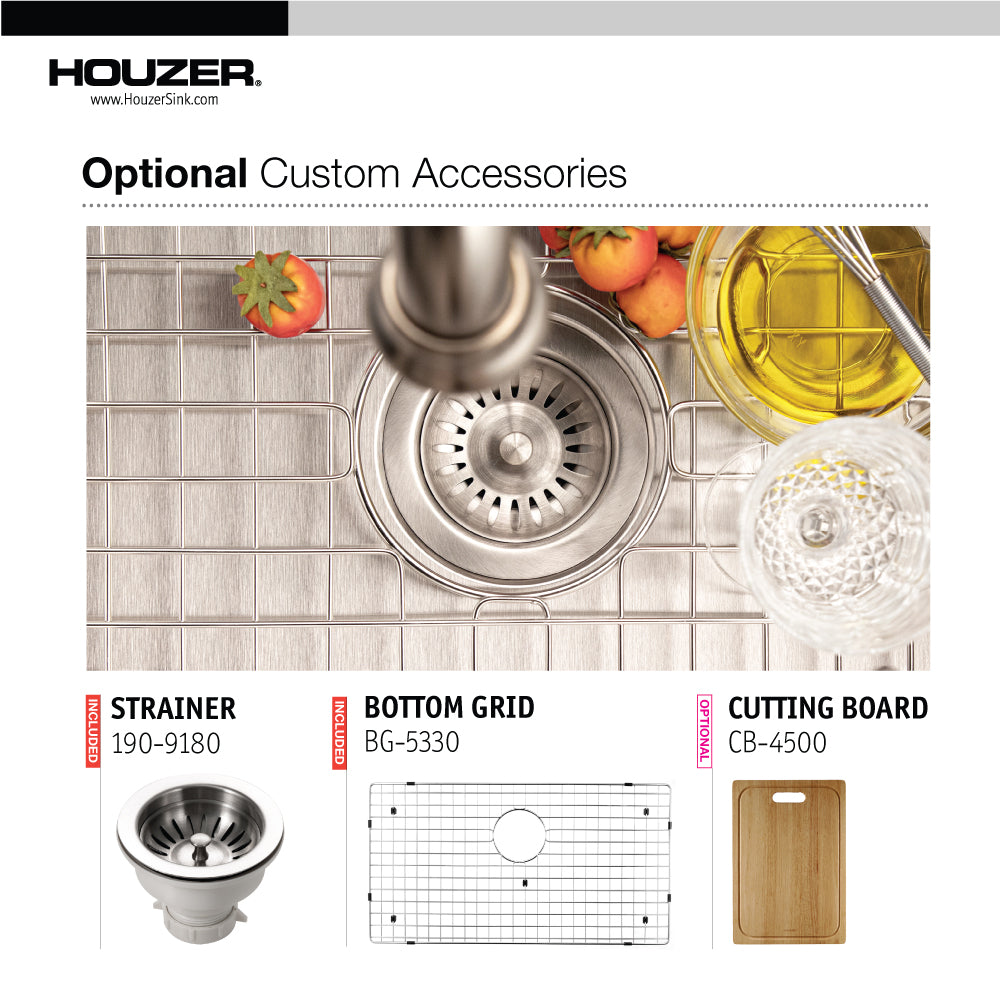 Houzer Epicure 33 inch Stainless Steel Apron Front Single Bowl Kitchen Sink with Strainer & Grid