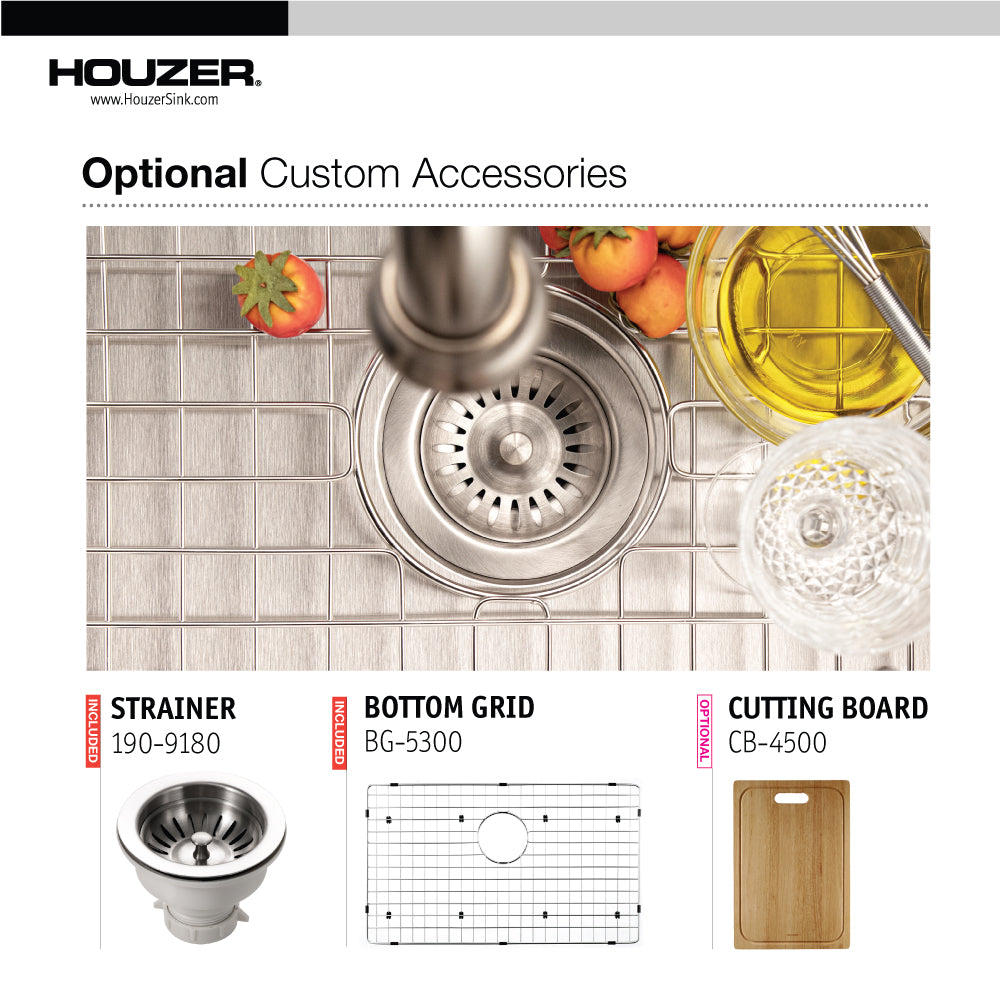 Houzer Epicure 30 inch Apron Front Farmhouse Single Bowl Kitchen Sink with Strainer & Grid