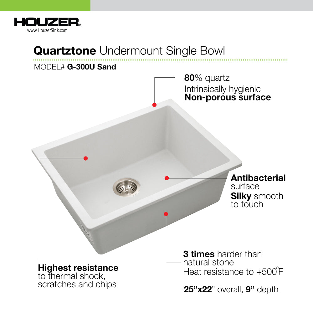 Houzer Quartztone 24 inch Granite Composite Undermount Single Bowl Kitchen Sink