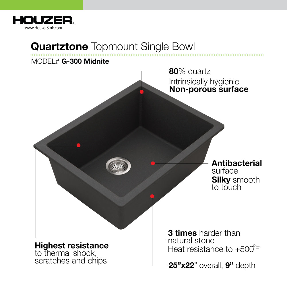 Houzer Quartztone 24 inch Granite Composite Undermount Single Bowl Kitchen Sink