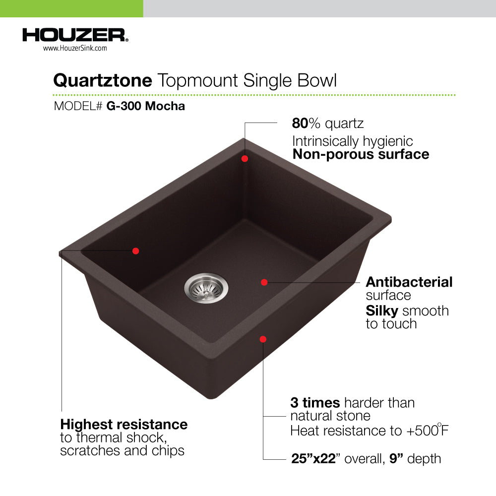 Houzer Quartztone 24 inch Granite Composite Undermount Single Bowl Kitchen Sink