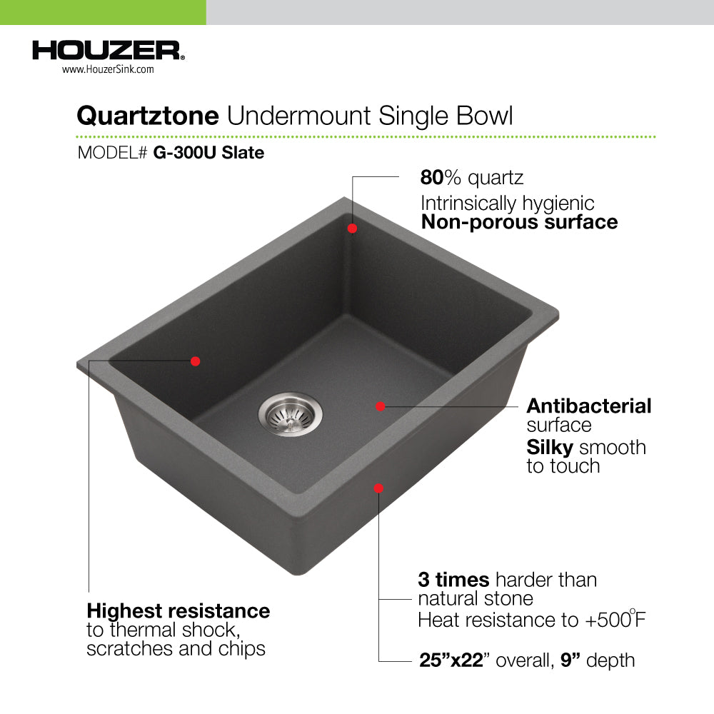 Houzer Quartztone 25 inch Granite Composite Drop-in Topmount Single Bowl Kitchen Sink