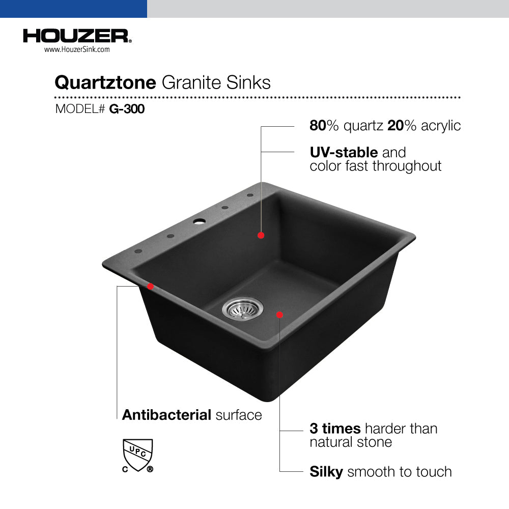 Houzer Quartztone 25 inch Granite Composite Drop-in Topmount Single Bowl Kitchen Sink