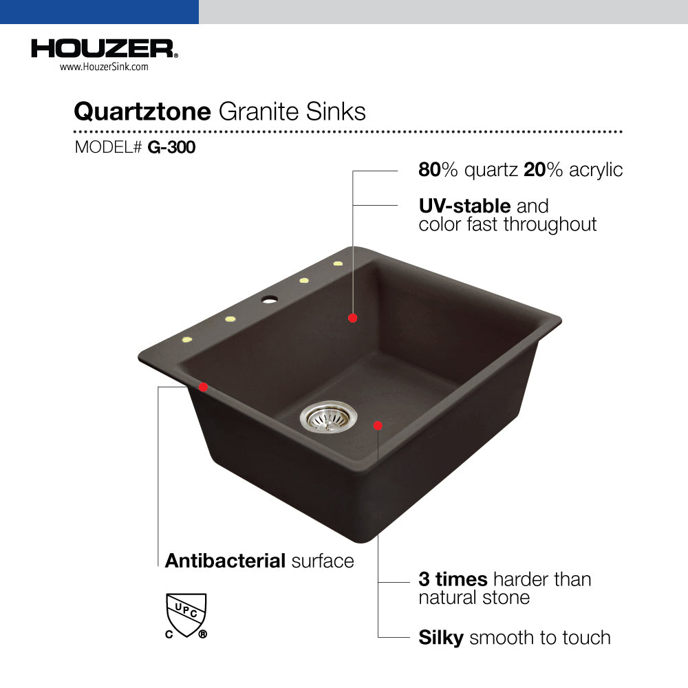 Houzer Quartztone 25 inch Granite Composite Drop-in Topmount Single Bowl Kitchen Sink