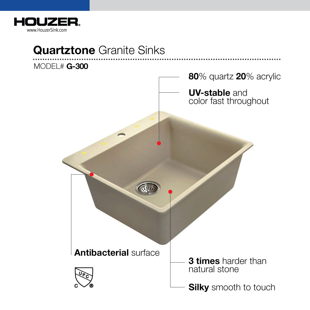 Houzer Quartztone 25 inch Granite Composite Drop-in Topmount Single Bowl Kitchen Sink