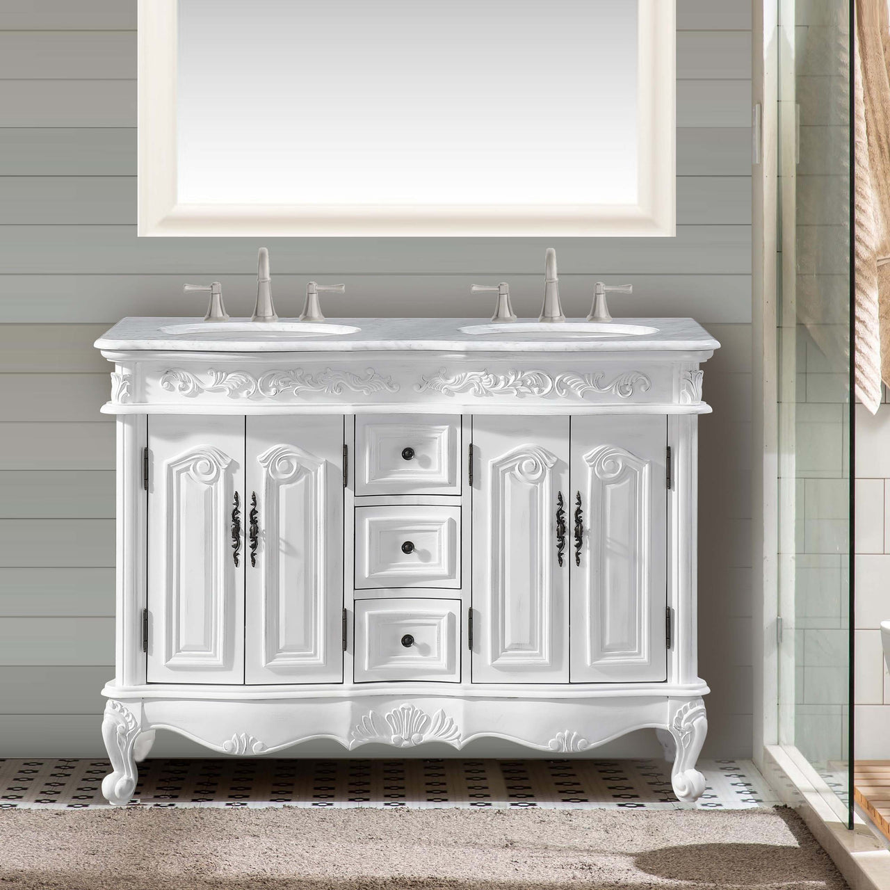 Silkroad 48" Double Sink Cabinet - Carrara White Top, Undermount White Ceramic Sinks (3-hole)