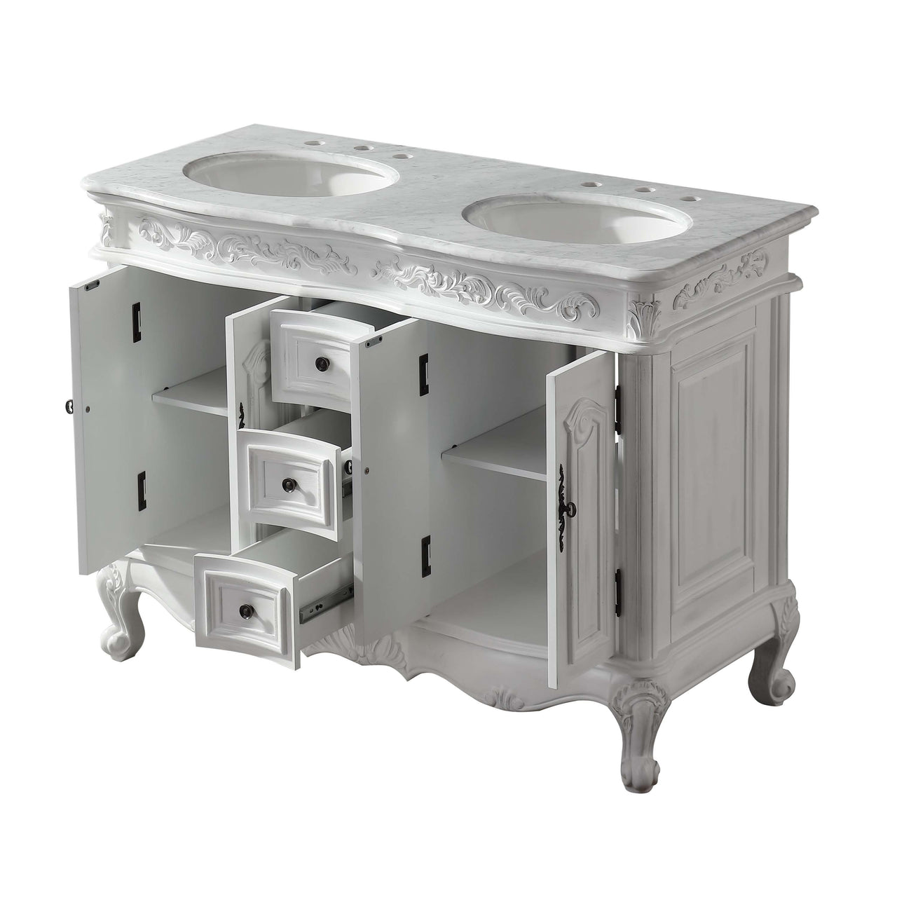 Silkroad 48" Double Sink Cabinet - Carrara White Top, Undermount White Ceramic Sinks (3-hole)