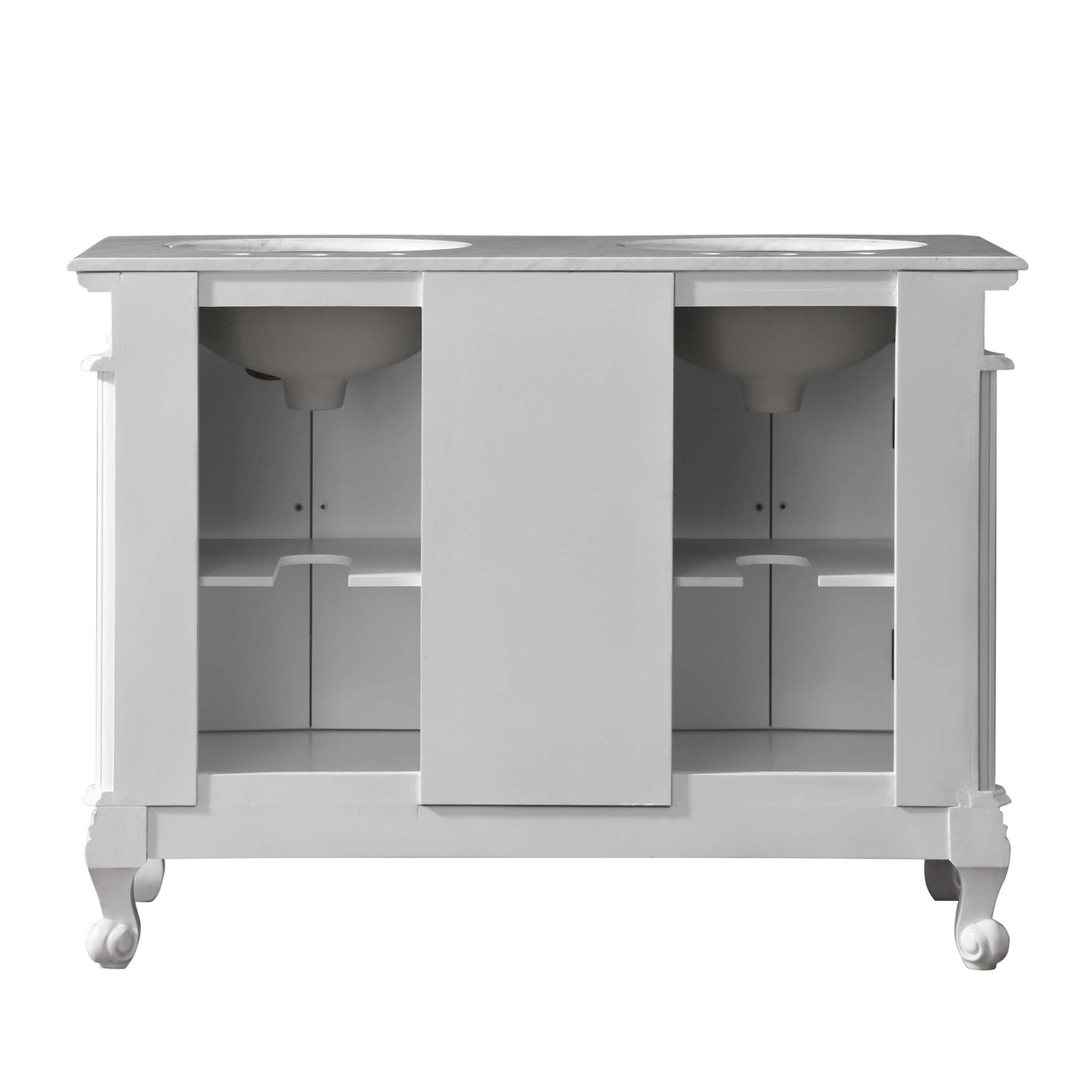 Silkroad 48" Double Sink Cabinet - Carrara White Top, Undermount White Ceramic Sinks (3-hole)